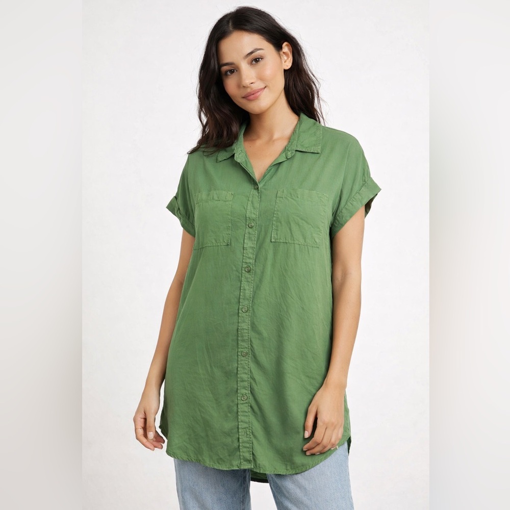Wonderly Women’s Button Front Tunic Shirt Small Green Lyocell Short Sleeve